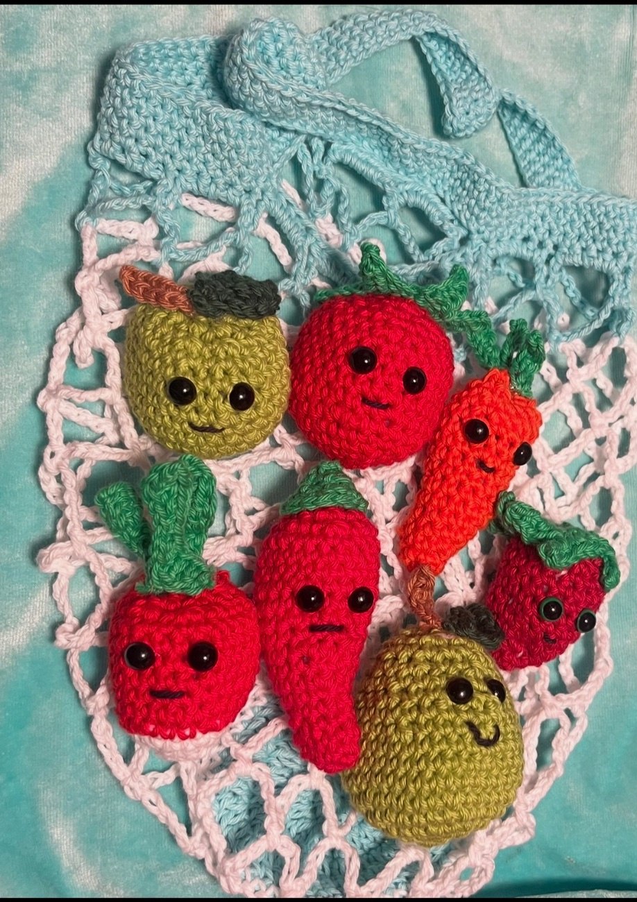 Handmade Crochet Fruit and Vegetable Set with Market Bag