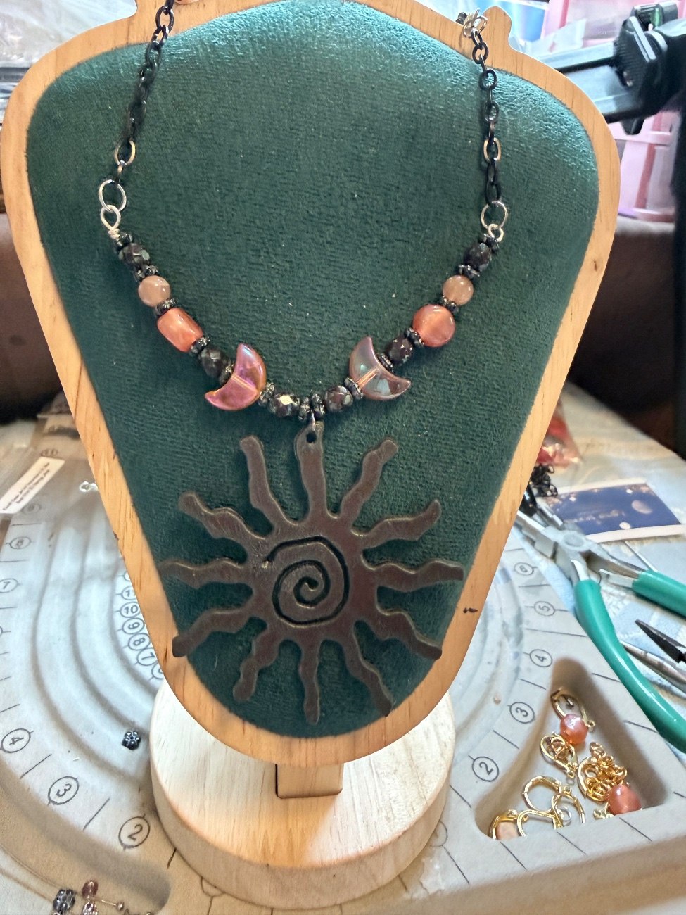 Metal sun necklace 26” Czech glass and gemstone beads