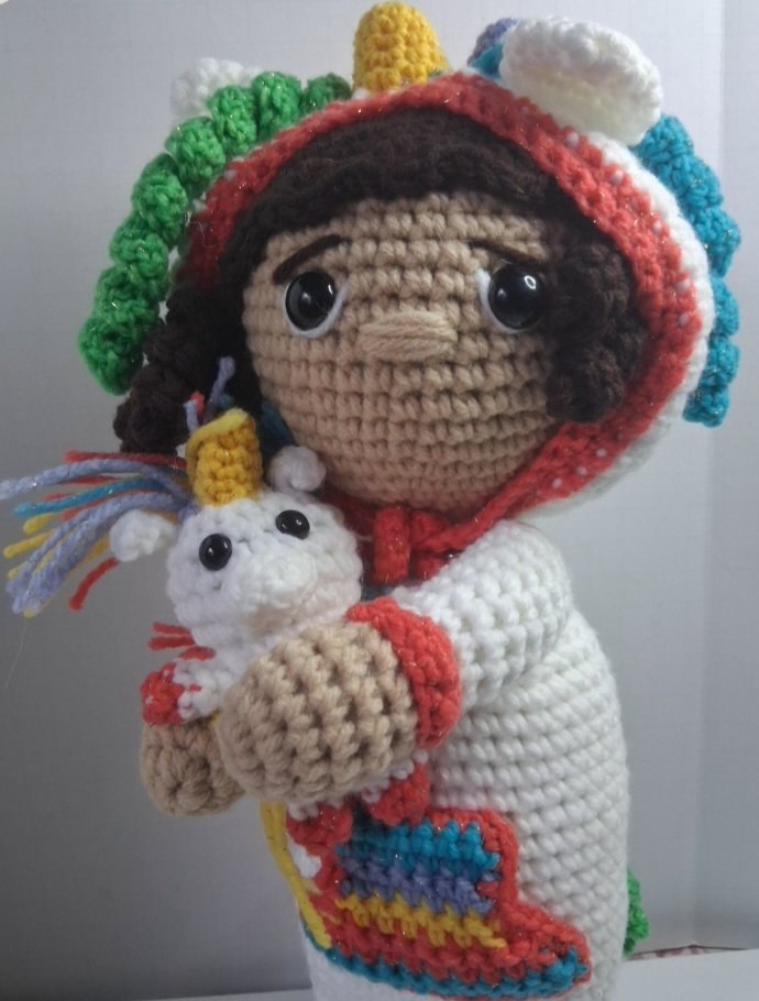 Crocheted Amigurumi Doll in Unicorn PJs with Hooded Hat & Mini Unicorn Buddy