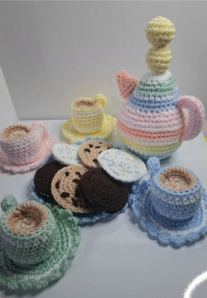 Crocheted Amigurumi Tea Party Set for 4: Pastel Colors, Cookies (Machine Washable
