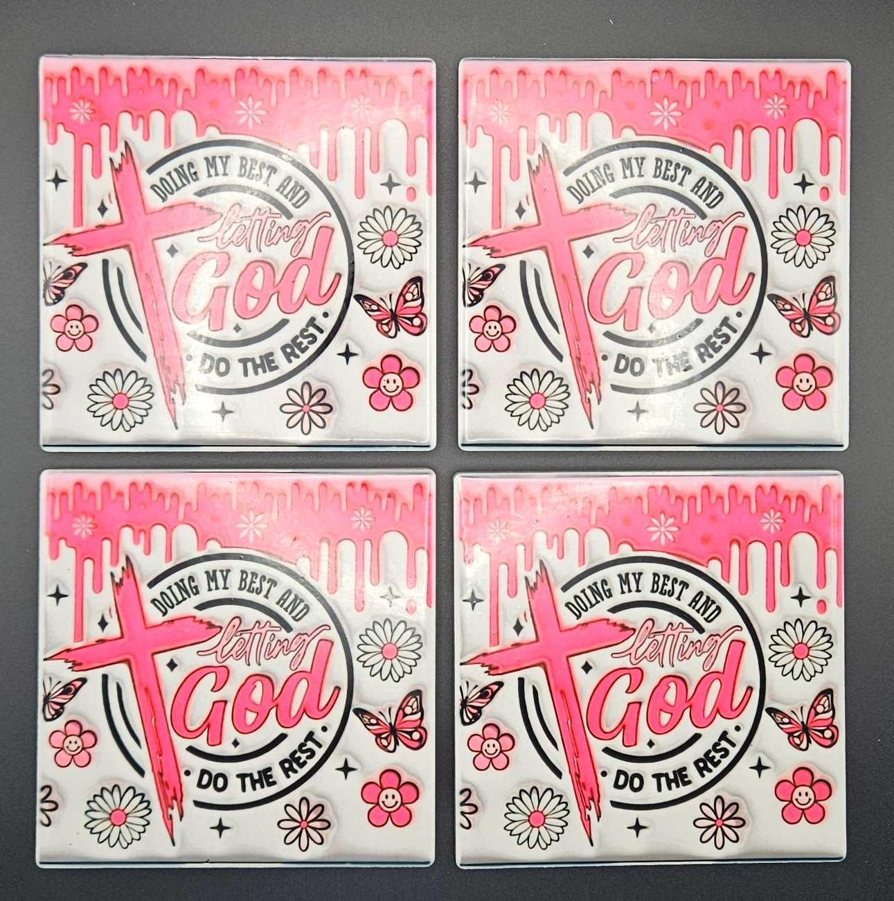 Set of 4 Ceramic Christian Faith Coasters - Pink Cross & Inspirational Bible Verse