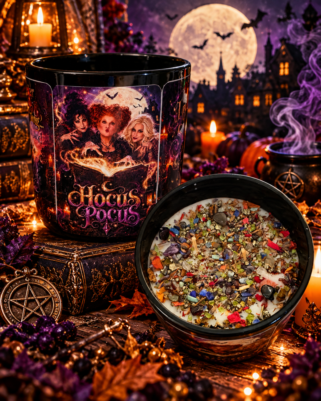 Hocus Pocus Inspired Crystals and Herbs Candle